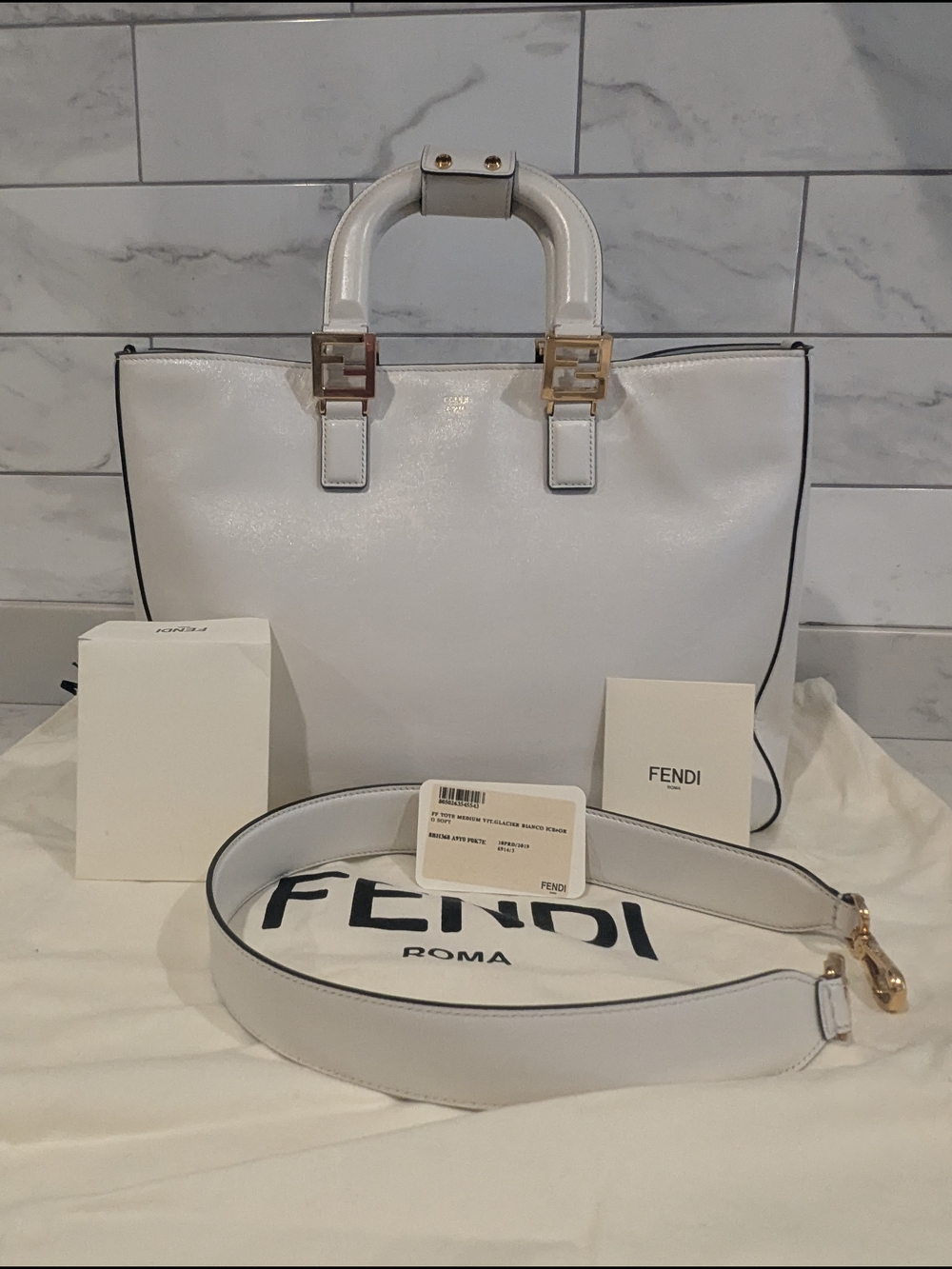 Authentic Fendi White Leather Tote with Gold Hardware